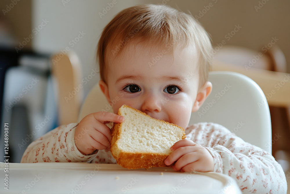 Generative AI image of a cute baby eating food in a highchair with a messy and funny expression Generative AI image of a cute baby eating food in a highchair with a messy and funny expression
