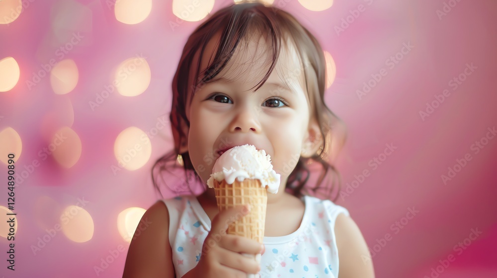 A young girl smiles with delight as she eats an ice cream cone.