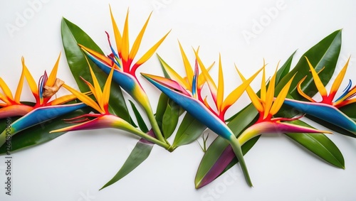 Colorful bird of paradise flowers with green leaves on a white background isolated Copy Space