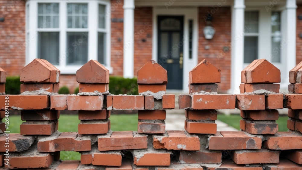 Brick wall with decorative elements in front of residential house featuring windows and door in suburban neighborhood Copy Space Brick wall with decorative elements in front of residential house featuring windows and door in suburban neighborhood Copy Space