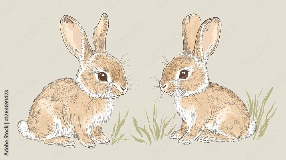 Fototapeta premium Two rabbits. Vector illustration. Risograph print effect. Glitch effect. Vector illustration. Graphic element for fabric, textile, clothing, wrapping paper, wallpaper, poster.