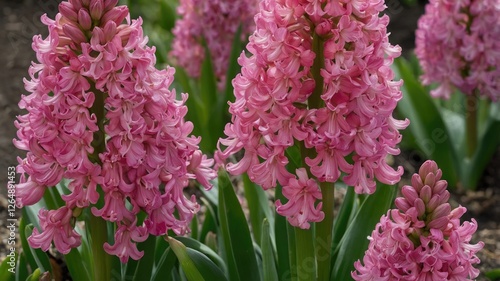 Pink Hyacinth Flowers Blooming in Garden with Green Leaves and Copy Space for Text