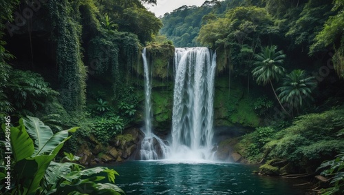 Lush tropical waterfall cascading into clear turquoise pool surrounded by dense greenery and jungle foliage Copy Space