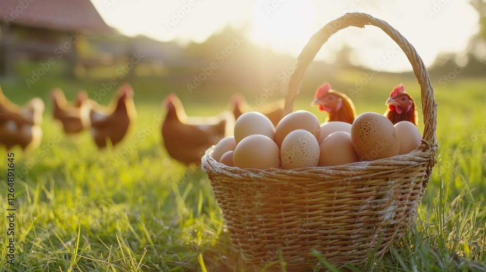 Farm Fresh Eggs in a Basket - Sunny Meadow Scene Farm Fresh Eggs in a Basket - Sunny Meadow Scene