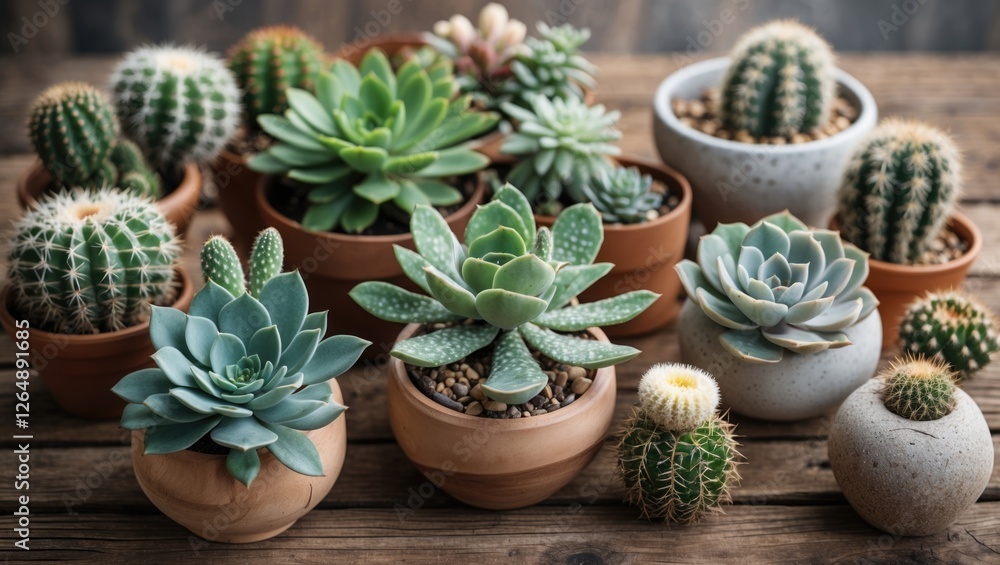 Various Succulents and Cacti in Decorative Pots on Wooden Surface with Copy Space Various Succulents and Cacti in Decorative Pots on Wooden Surface with Copy Space