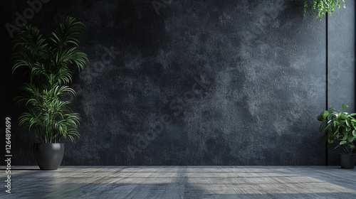 Indoor greenery against a dark textured wall, sunlight streams across a wooden floor, creating a serene and modern interior setting. photo