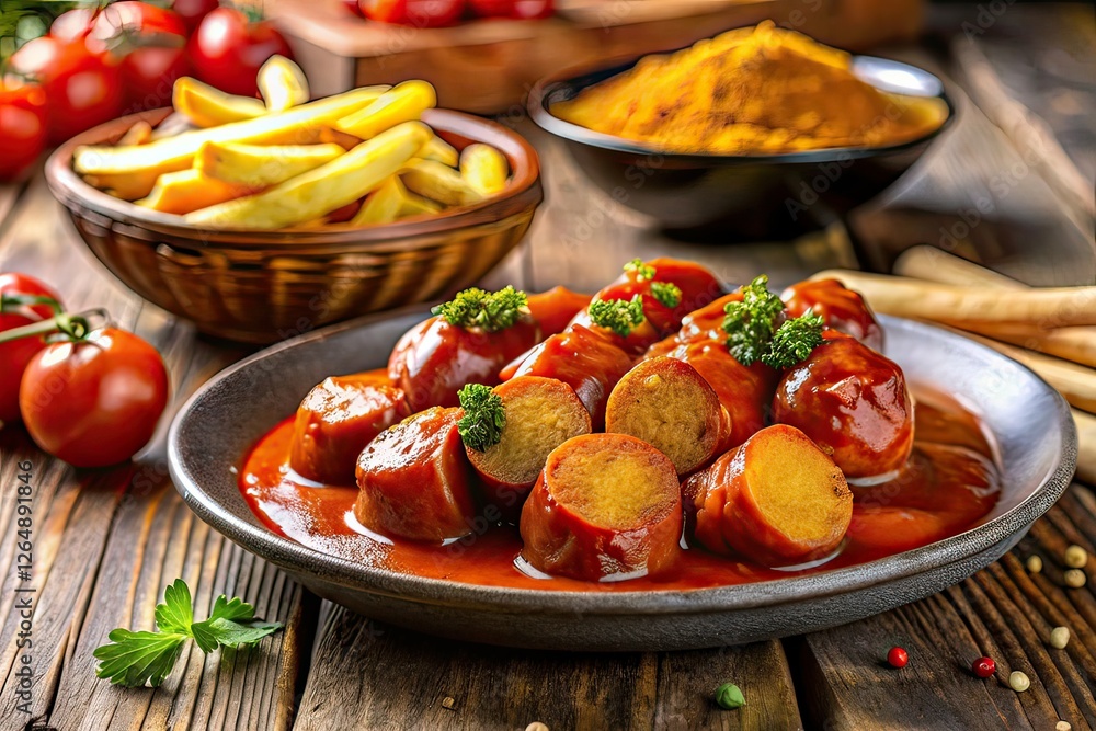 Delicious Currywurst, Shallow Depth of Field, Food Photography, German Cuisine Delicious Currywurst, Shallow Depth of Field, Food Photography, German Cuisine