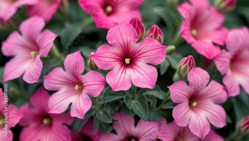 Close-up of vibrant pink petunias in full bloom with green foliage background and soft-focus effect, suitable for floral design and nature themes. Copy Space.