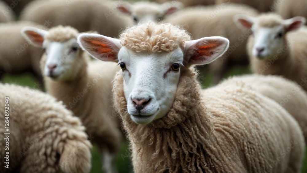 Close-up of a sheep's face with soft wool and expressive eyes surrounded by other sheep in a grassy field Close-up of a sheep's face with soft wool and expressive eyes surrounded by other sheep in a grassy field