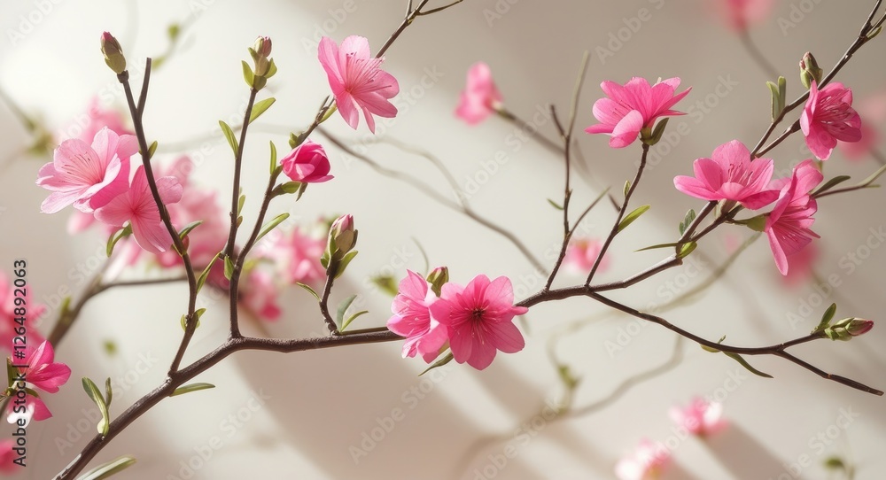 Fototapeta premium Pink cherry blossom branches against a soft background with shadows and ample Copy Space for text placement