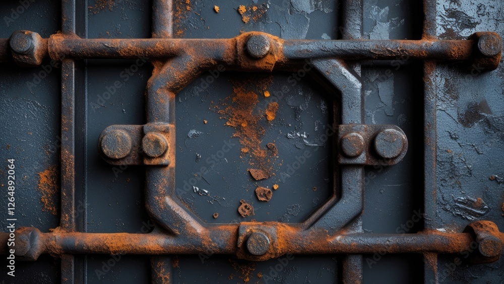 Rusty metal surface with industrial bolts and weathered paint showing signs of aging and corrosion, suitable for textured backgrounds, Copy Space. Rusty metal surface with industrial bolts and weathered paint showing signs of aging and corrosion, suitable for textured backgrounds, Copy Space.