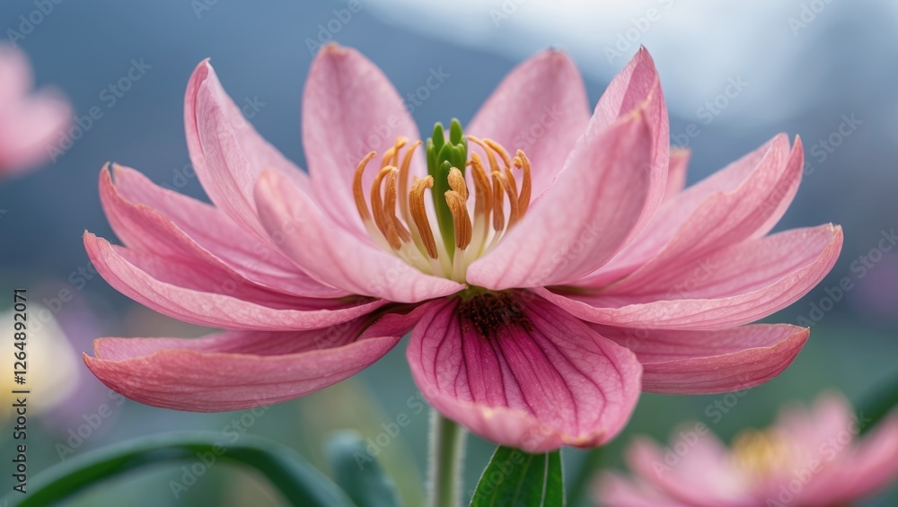 Pink water lily in full bloom with petals spread wide showcasing intricate details of the flower and vibrant colors against a blurred background Copy Space Pink water lily in full bloom with petals spread wide showcasing intricate details of the flower and vibrant colors against a blurred background Copy Space