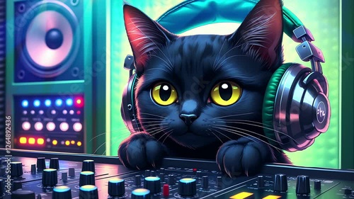 Cute black cat DJ with headphones in a neon club. Seamless looping time lapse animation video background  
