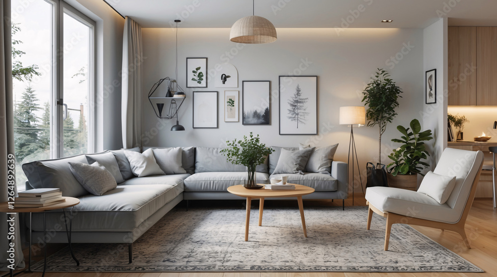 Fototapeta premium Minimalist Scandinavian living room with neutral gray couch sleek lines and natural accents to create a serene and peaceful environment Modern Interior Design Inspiration