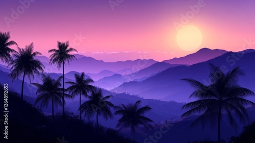 Mountain range twilight, majestic palm silhouettes, purple sunset gradients, soft sun glow, tropical evening atmosphere, palm-lined hills, peaceful sunset scene, artistic landscape design, harmonious