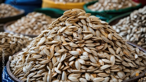 Close-up of a large pile of pumpkin seeds in a market setting with various seed types in the background Copy Space photo