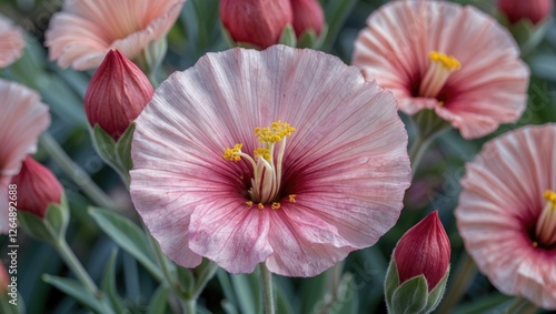 Close-up of pink and red blooming flowers with green leaves and buds in garden setting with Copy Space