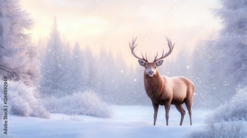 Majestic Deer in Snowy Winter Landscape with Frosty Trees Majestic Deer in Snowy Winter Landscape with Frosty Trees