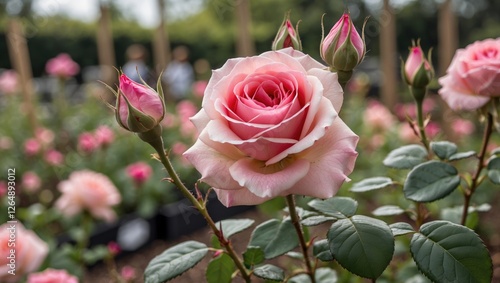 Close-up of a pink rose with buds in a garden with blurred background and greenery Copy Space