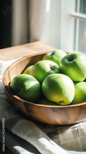 Fresh Green Apples in Wooden Bowl - Healthy & Delicious photo