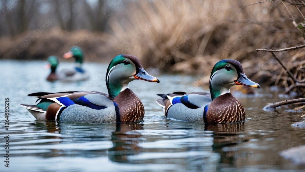 Obraz premium Mandarin ducks swimming in a calm lake water with reflections, surrounded by brown reeds, Copy Space available