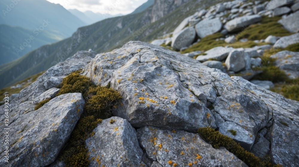 Close-up of moss and lichen on rocky surface in mountainous landscape with blurred background of hills and valleys, Copy Space Close-up of moss and lichen on rocky surface in mountainous landscape with blurred background of hills and valleys, Copy Space
