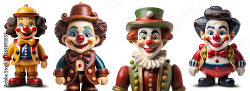 Close-up of a cute smiling wooden clown toy, looking at camera, isolated on white or transparent background. Collection and variation. Png. 19th century style funny toy. Generative Ai. photo