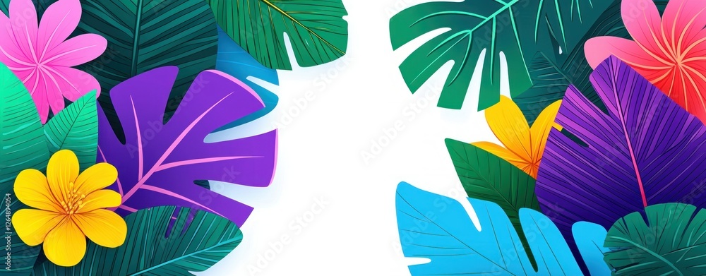 Fototapeta premium Vibrant Tropical Leaves and Flowers Frame on White Background for Fresh and Colorful Design Projects
