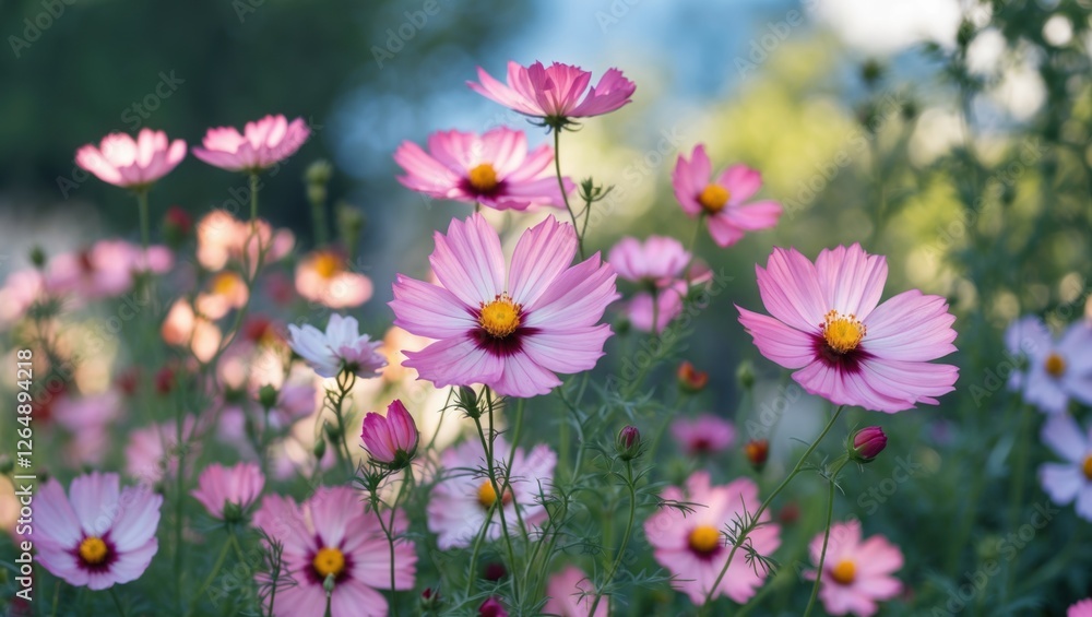 Pink cosmos flowers in a garden setting with blurred background and soft natural light showcasing vibrant petals and green foliage. Pink cosmos flowers in a garden setting with blurred background and soft natural light showcasing vibrant petals and green foliage.