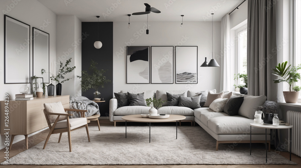Fototapeta premium Modern Scandinavian living room featuring a neutral gray couch minimalist design and natural light for a fresh and calm space Modern Interior Design Inspiration