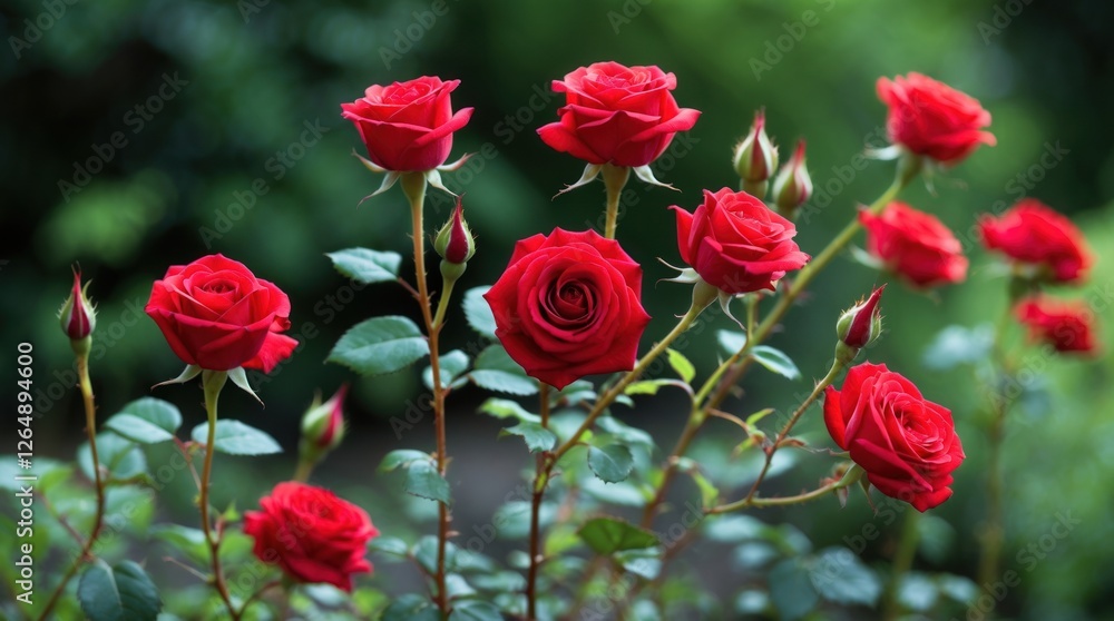 Bunch of blooming red roses in a garden with green foliage background and visible buds Copy Space Bunch of blooming red roses in a garden with green foliage background and visible buds Copy Space