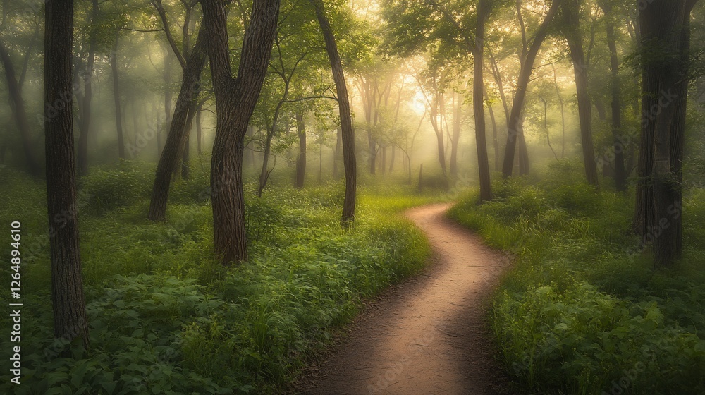 Fototapeta premium Misty forest path sunrise, nature trail, tranquil scene, peaceful morning, scenic background, travel poster