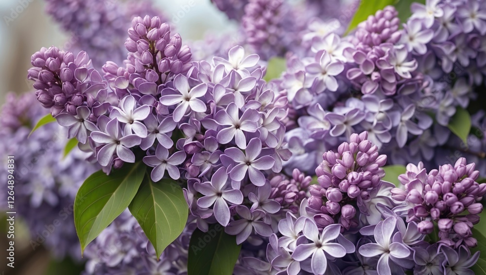 Purple lilac flowers in full bloom with rich details and lush green leaves outdoors displaying vibrant beauty and freshness. Copy Space Purple lilac flowers in full bloom with rich details and lush green leaves outdoors displaying vibrant beauty and freshness. Copy Space