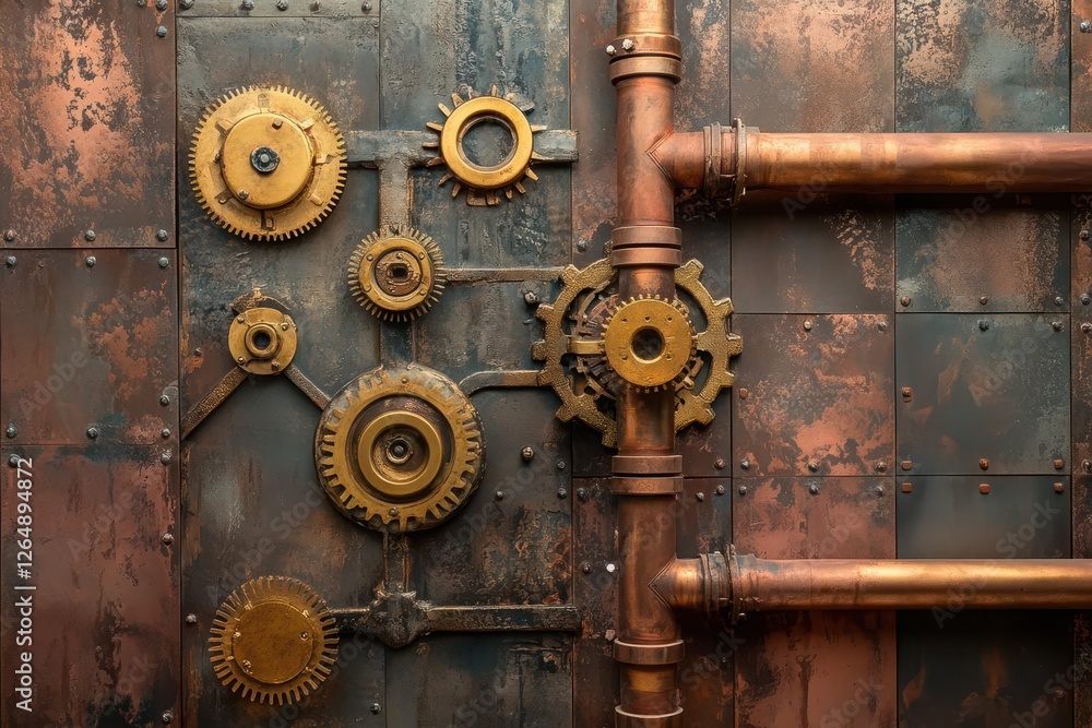 steampunk-inspired industrial wall with intricate brass gears, copper pipes, and weathered metal panels, featuring rust patterns and mechanical details in warm metallic tones steampunk-inspired industrial wall with intricate brass gears, copper pipes, and weathered metal panels, featuring rust patterns and mechanical details in warm metallic tones