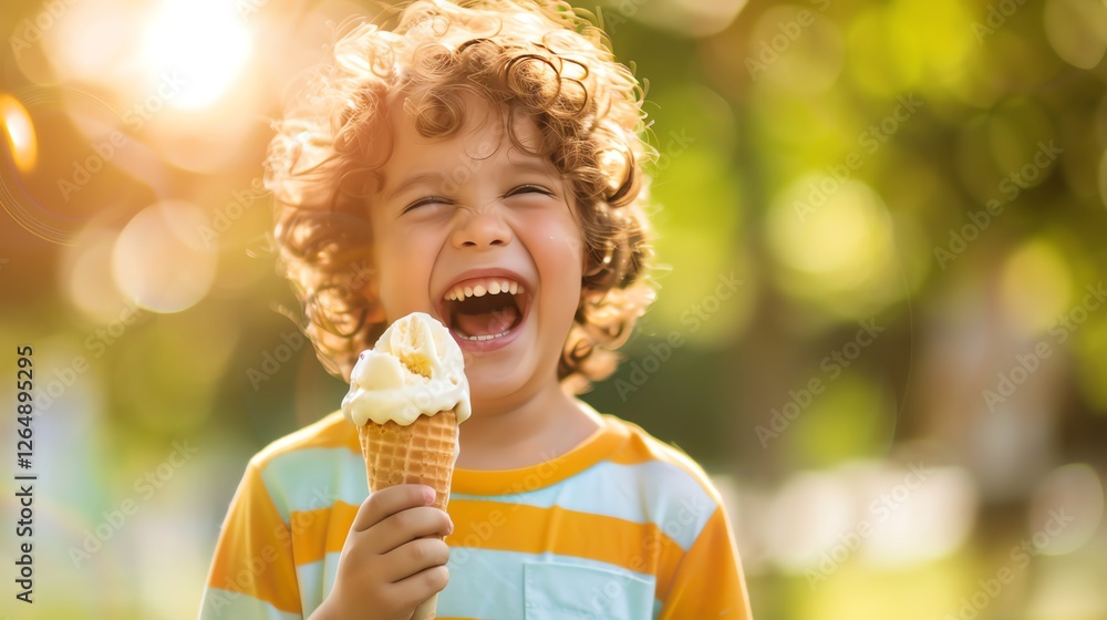 A boy with curly hair laughs while eating an ice cream cone in the sun. A boy with curly hair laughs while eating an ice cream cone in the sun.