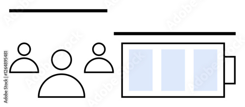 Minimal design of three people icons alongside a battery icon. Ideal for teamwork, energy, collaboration, efficiency, resource management, sustainability, abstract line flat metaphor