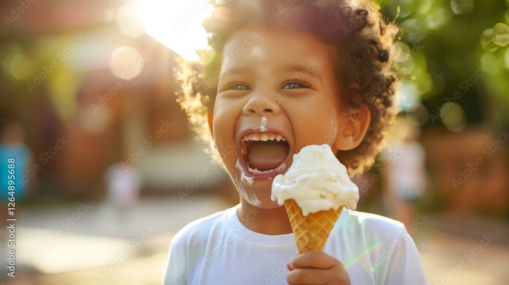 A young boy with curly hair laughs while eating an ice cream cone outdoors. A young boy with curly hair laughs while eating an ice cream cone outdoors.