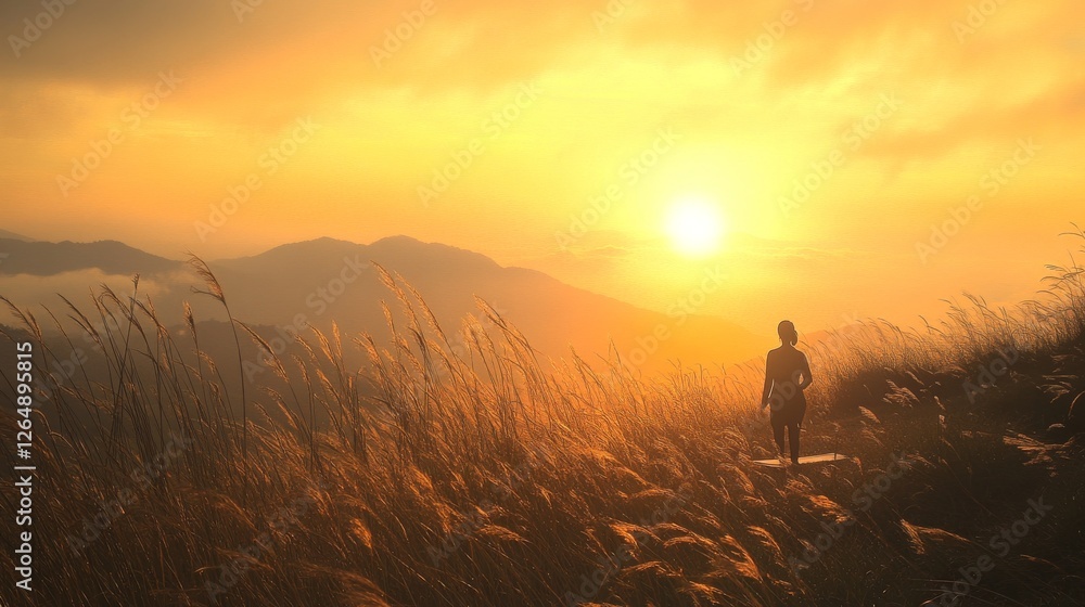 Fototapeta premium Mountain meditation vista, yoga practitioner silhouette, glowing sunrise atmosphere, gentle grass movement, peaceful nature setting, spiritual practice scene, golden morning light, wellness lifestyle