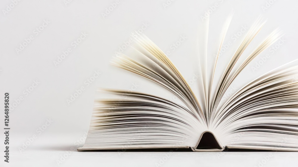 Fototapeta premium Open Book With Fanned Pages On White Surface