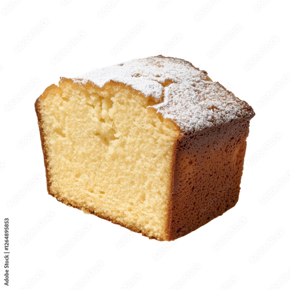Slice of golden pound cake with a light dusting of powdered sugar, isolated on a transparent background. Slice of golden pound cake with a light dusting of powdered sugar, isolated on a transparent background.