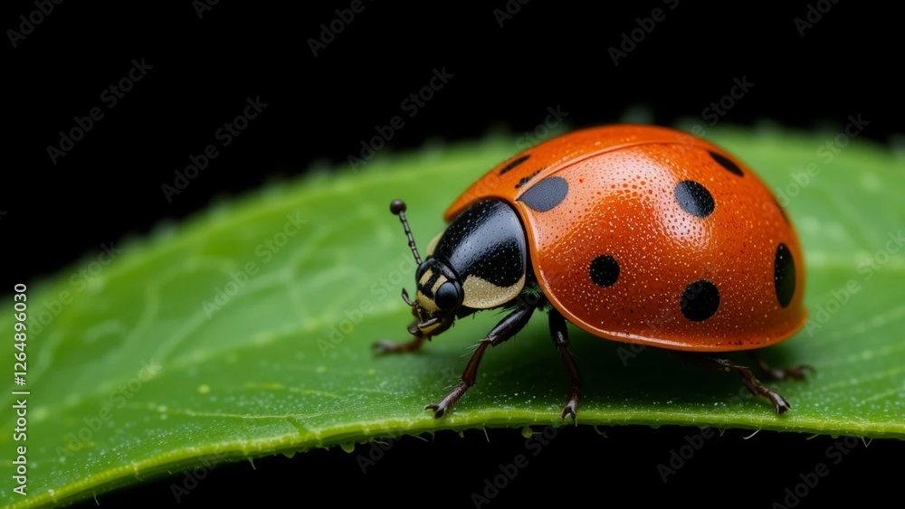 Fototapeta premium Close up of ladybug on green leaf, isolated black background