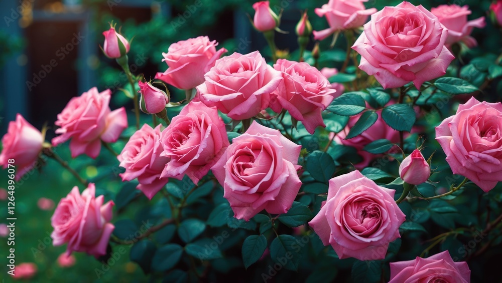 Pink roses in full bloom with green leaves in a garden setting showcasing vibrant colors and natural beauty Copy Space Pink roses in full bloom with green leaves in a garden setting showcasing vibrant colors and natural beauty Copy Space