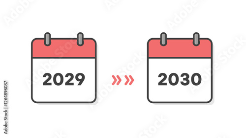 2029年と2030年のカレンダーの表紙と矢印 - 年末年始や新年、期間や予定変更のイメージ素材
