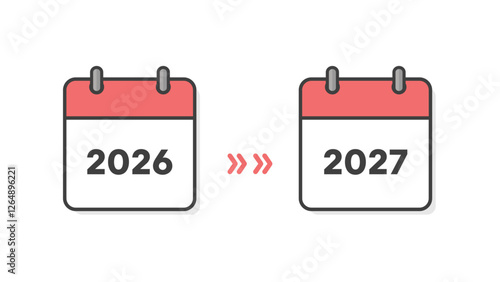 2026年と2027年のカレンダーの表紙と矢印 - 年末年始や新年、期間や予定変更のイメージ素材