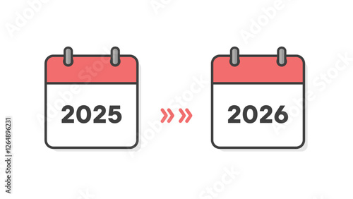 2025年と2026年のカレンダーの表紙と矢印 - 年末年始や新年、期間や予定変更のイメージ素材