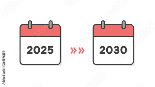 2025年と2030年のカレンダーの表紙と矢印 - 年末年始や新年、期間や予定変更のイメージ素材