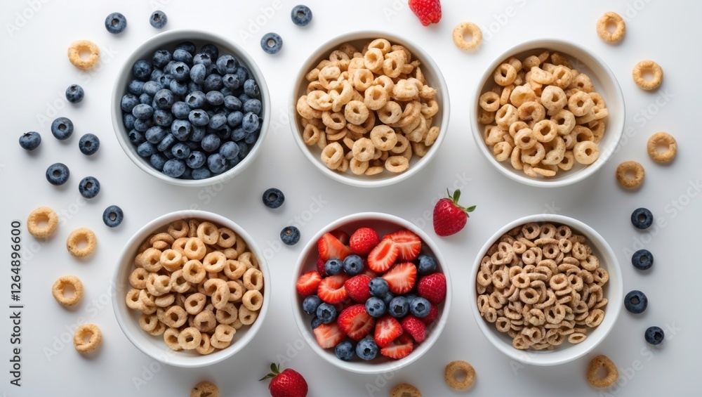 Various bowls of cereal with blueberries strawberries and honey rings arranged on a white background with copy space Various bowls of cereal with blueberries strawberries and honey rings arranged on a white background with copy space