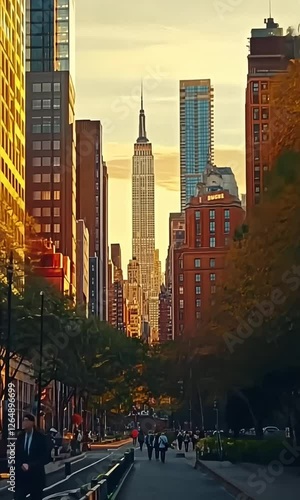 Iconic sunset view of the Empire State Building framed by New York City streets and trees