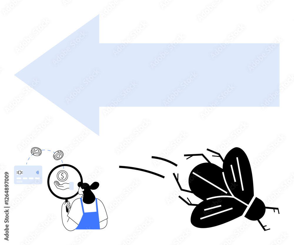 Large blue leftward arrow, woman examining dollar sign on magnifying glass, large flying fly. Ideal for finance, analysis, investigation, curiosity, direction, motion problem solving abstract line Large blue leftward arrow, woman examining dollar sign on magnifying glass, large flying fly. Ideal for finance, analysis, investigation, curiosity, direction, motion problem solving abstract line