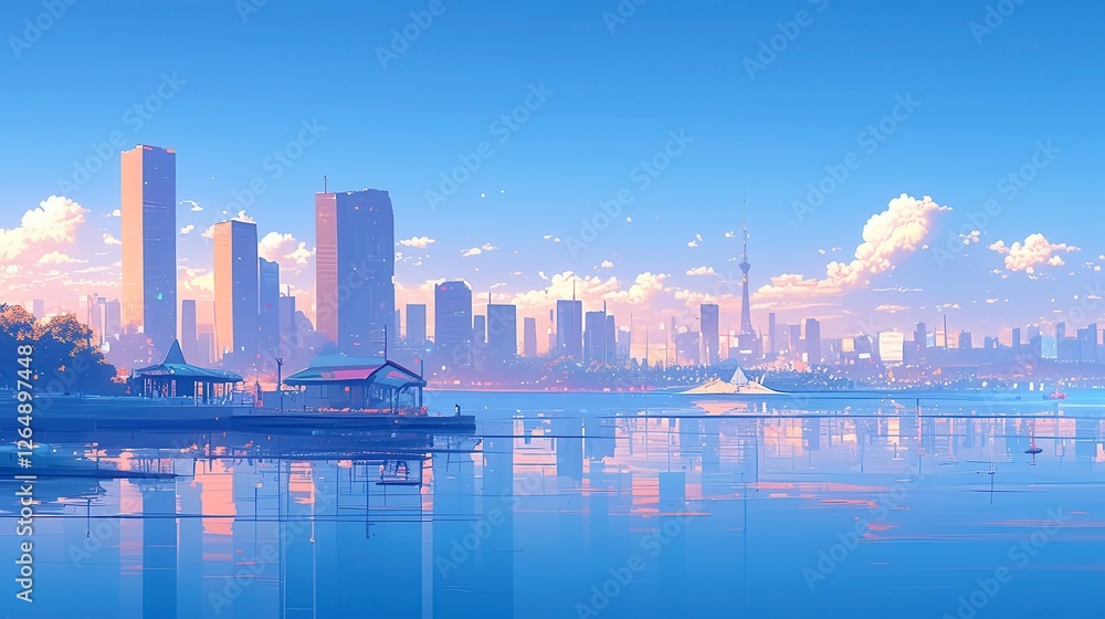 Naklejka premium Mist Rising from a Quiet Bay, a vibrant city pop anime scene depicting a serene morning lake enveloped in soft fog, featuring bold outlines and a neon-lit color palette.